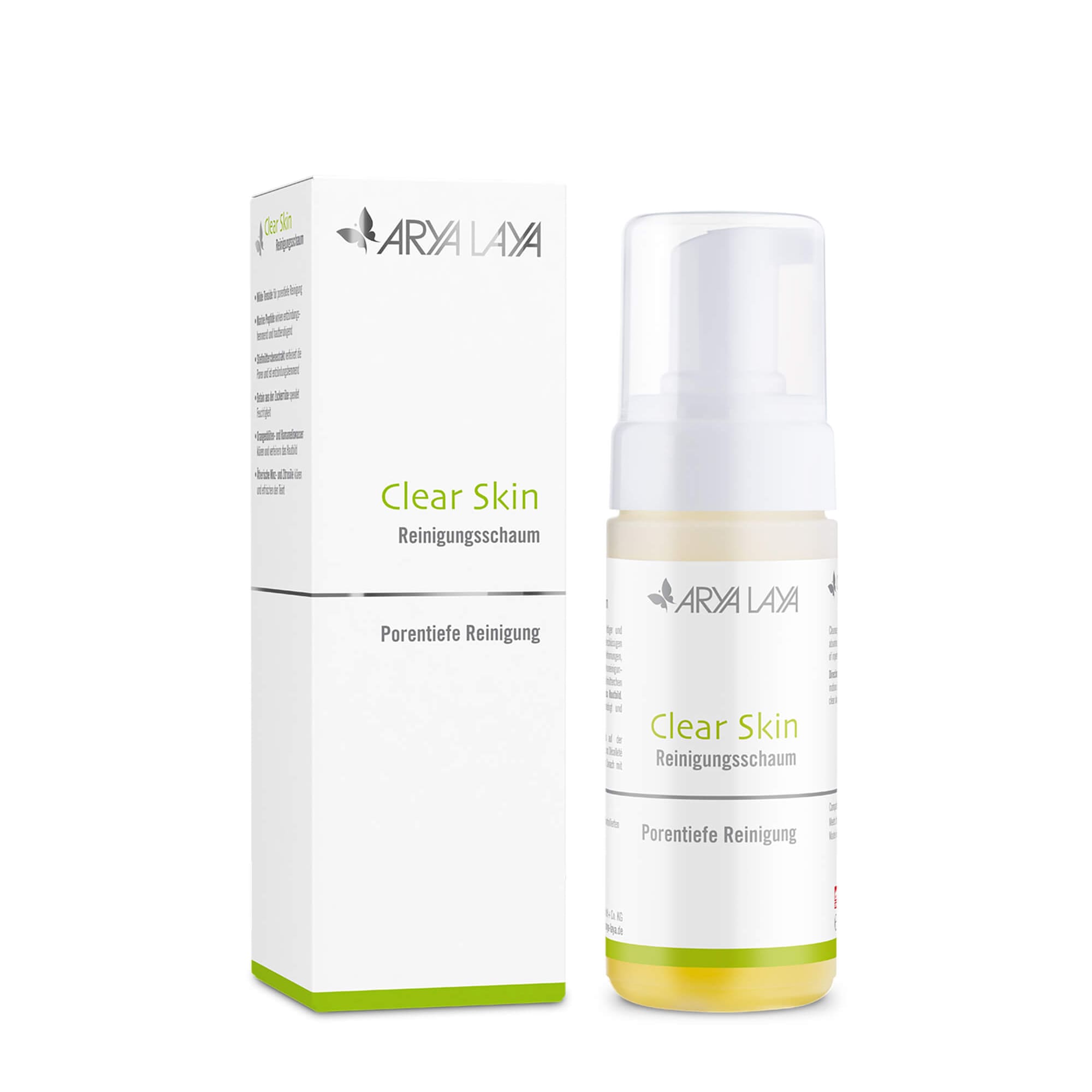 Airless-Spender und Faltschachtel mit ARYA LAYA Clear Skin Reinigungsschaum, 125 ml