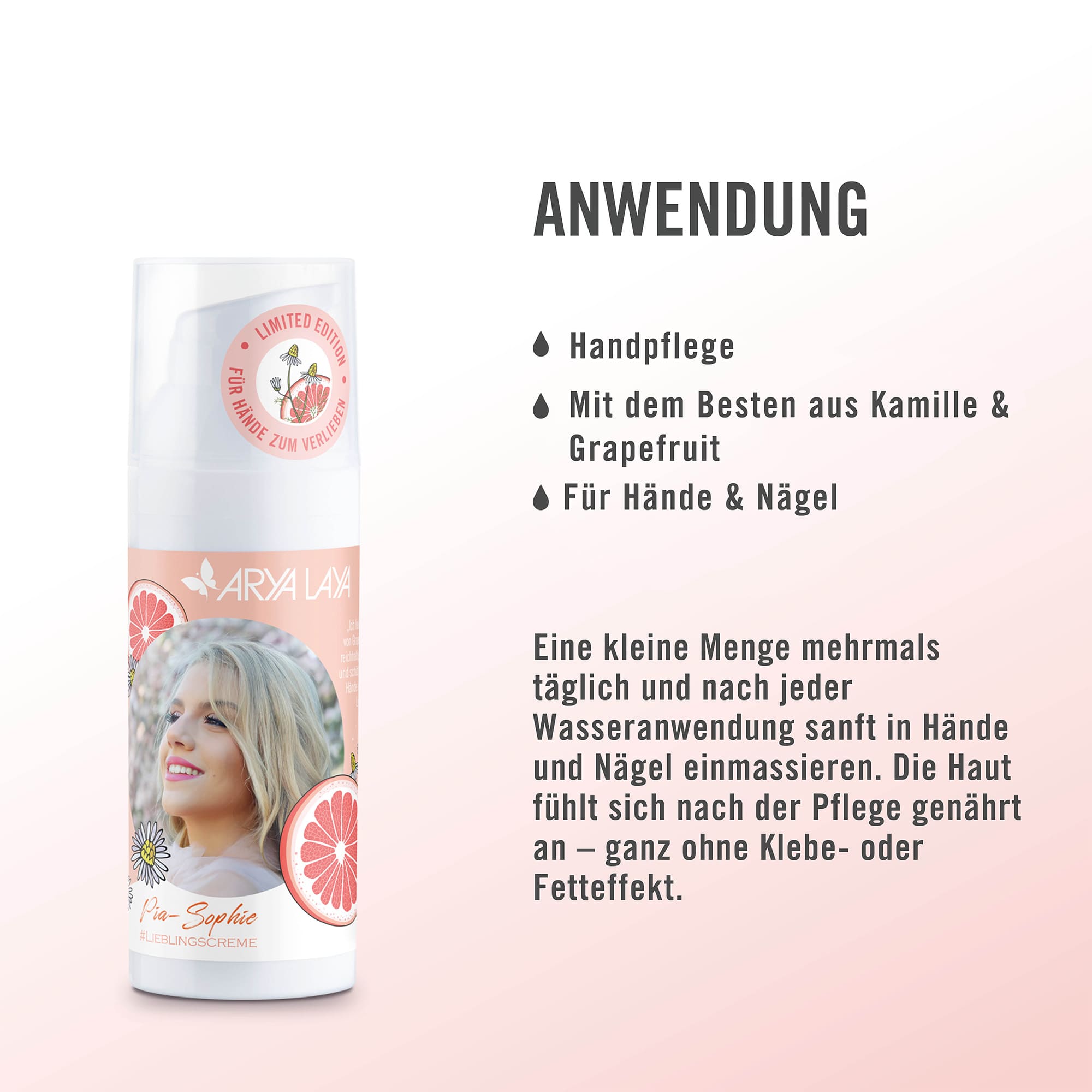 Anwendung ARYA LAYA Kamille-Grapefruit Handpflege Edition Pia-Sophie, 50 ml