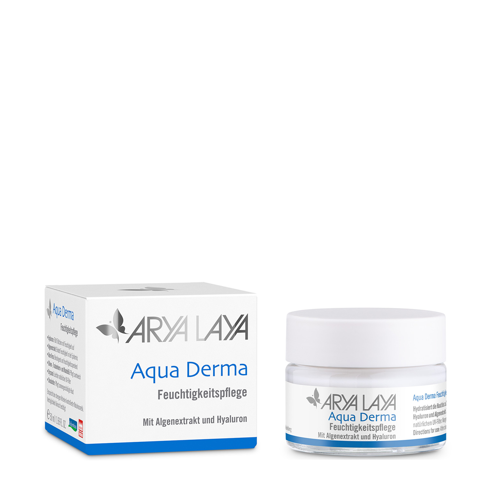 Glastiegel und Faltschachtel mit ARYA LAYA Aqua Derma Feuchtigkeitspflege, 50 ml