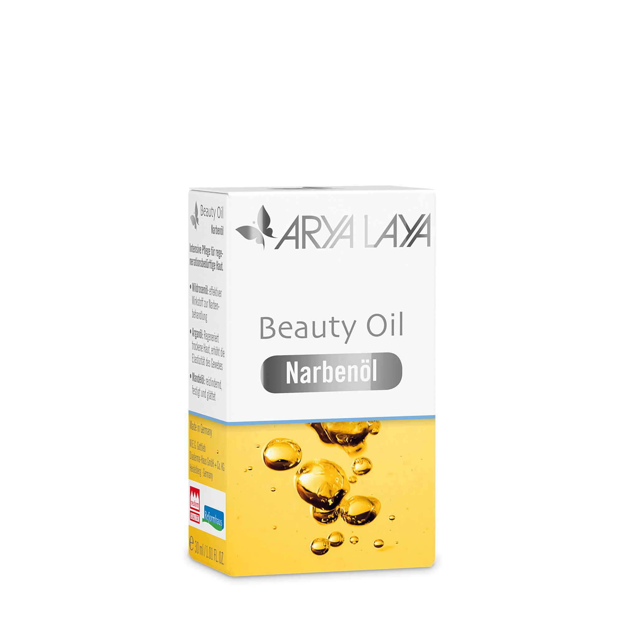 Faltschachtel mit ARYA LAYA Beauty Oil Narbenöl, 30 ml 