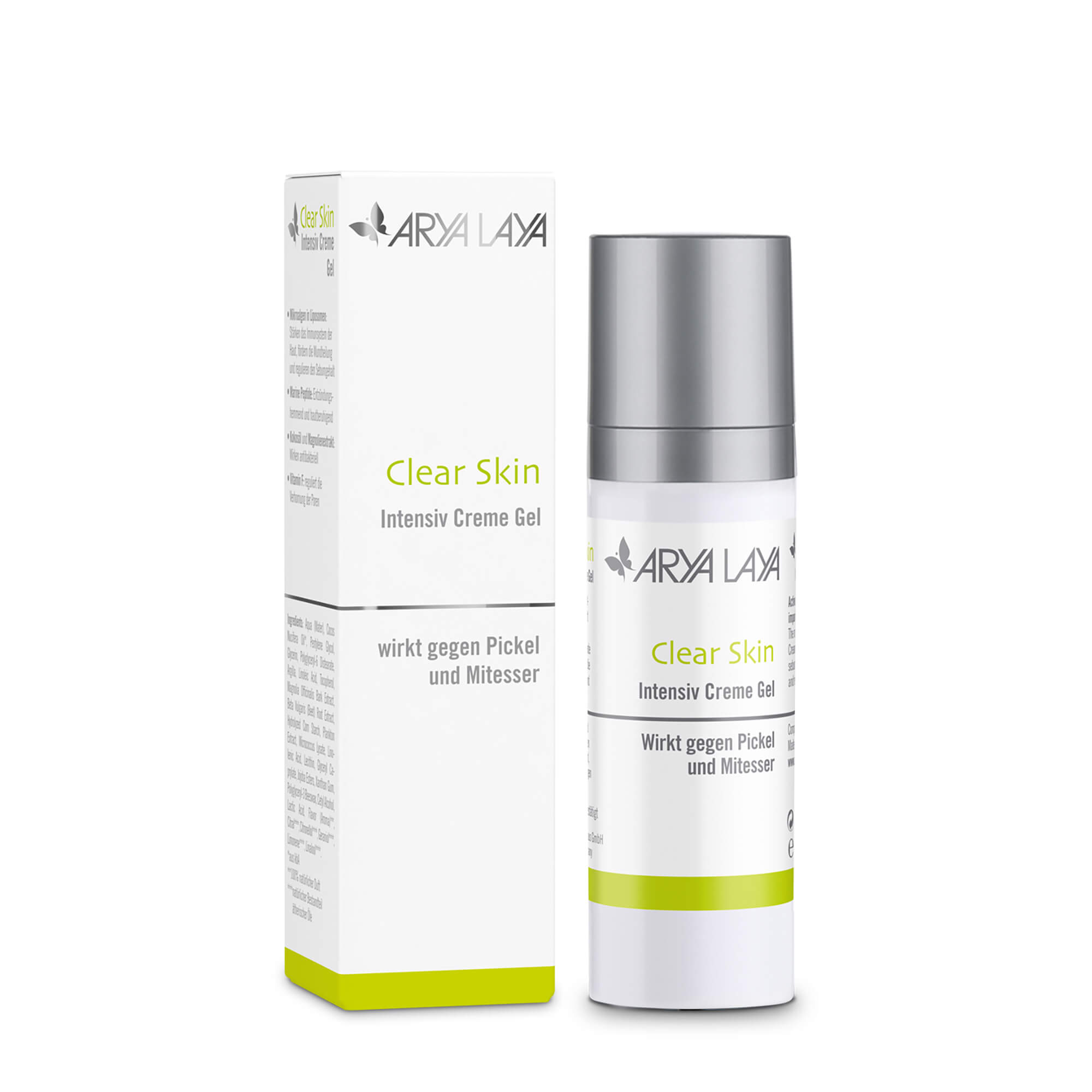 Airless-Spender und Faltschachtel mit ARYA LAYA Clear Skin Intensiv Creme Gel, 30 ml