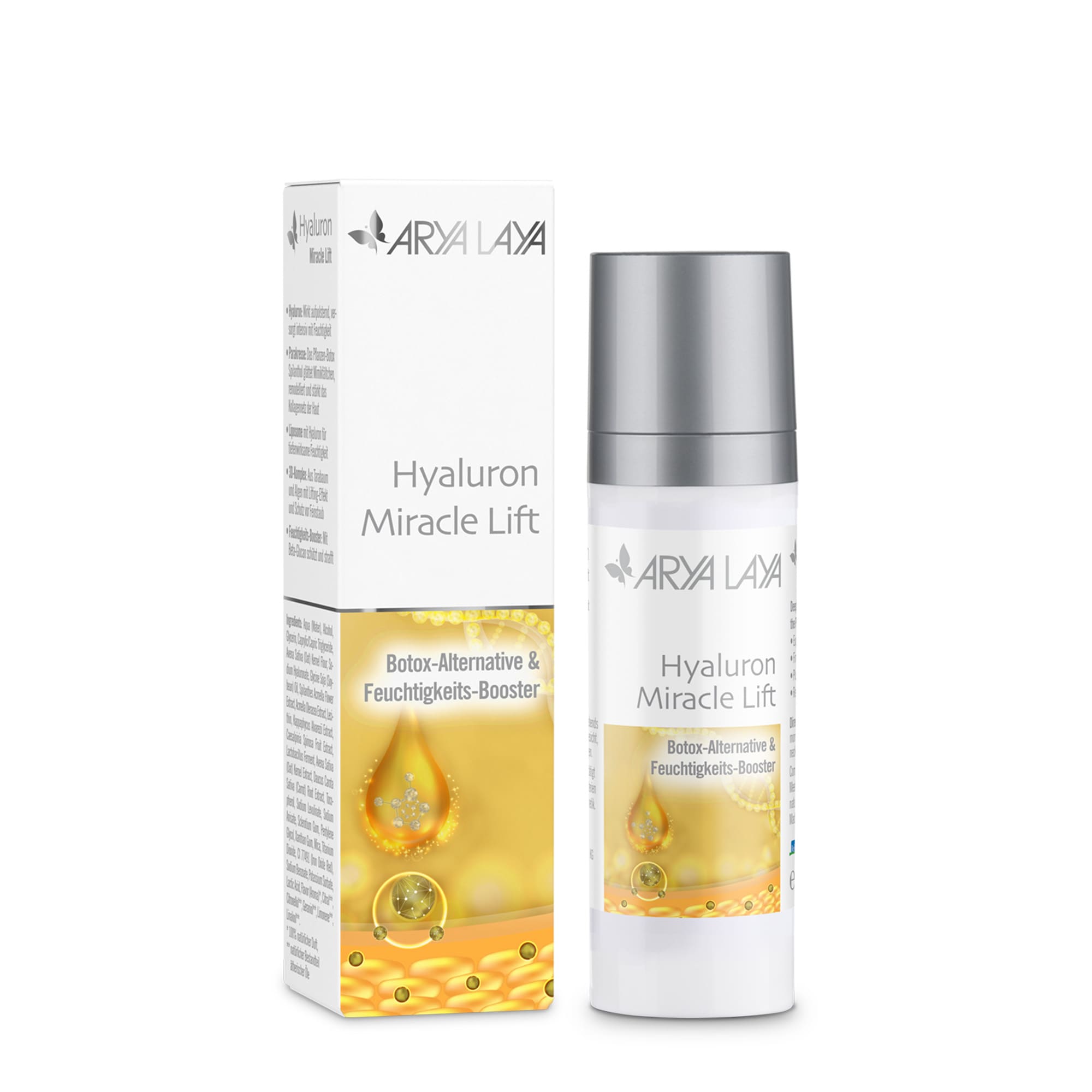 Airless-Spender und Faltschachtel mit ARYA LAYA Hyaluron Miracle Lift, 30 ml