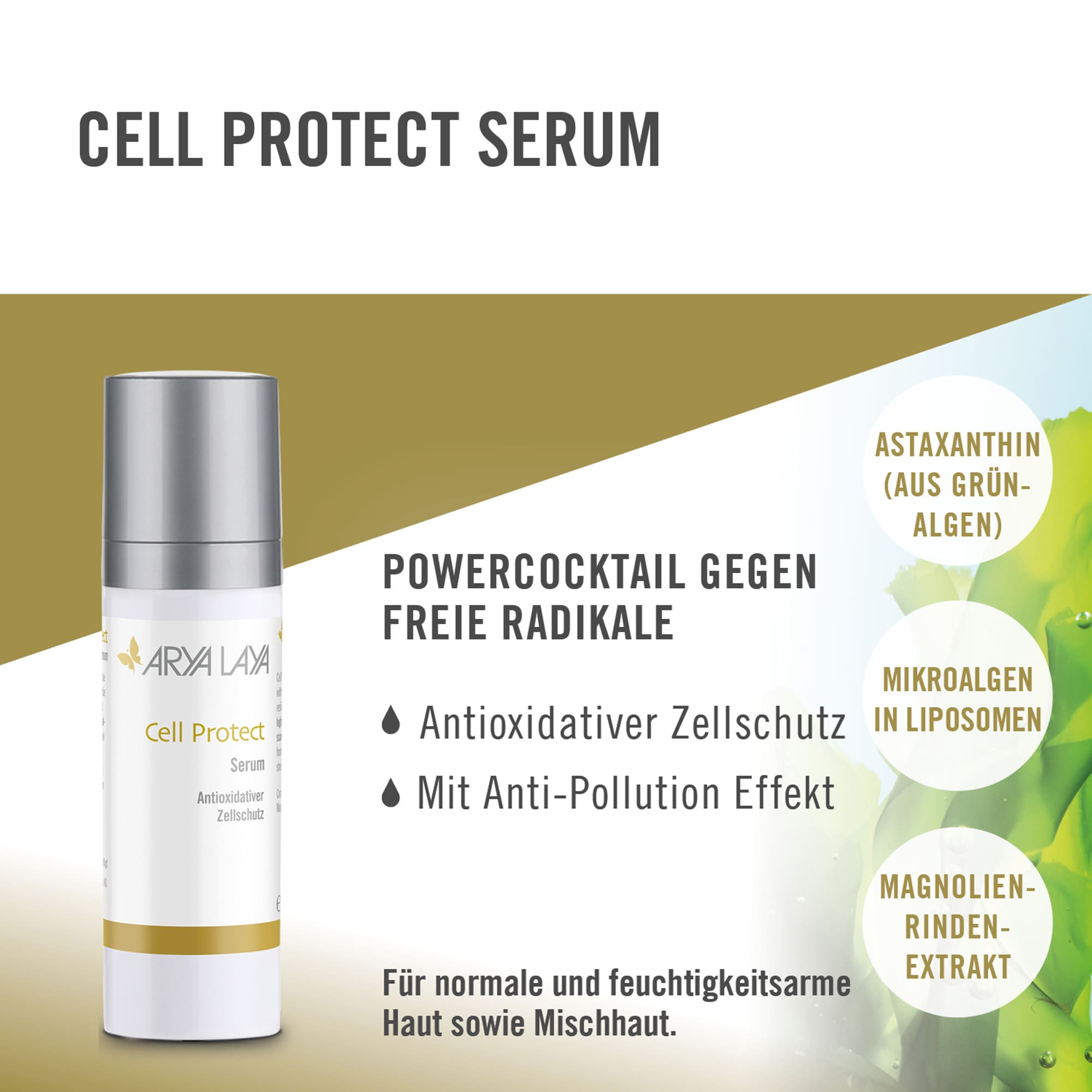 Wirkweise Cell Protect Serum mit Anti-Pollution-Effekt, antioxidativer Zellschutz, neutralisiert freie Radikale, bei Sonnenempfindlichkeit