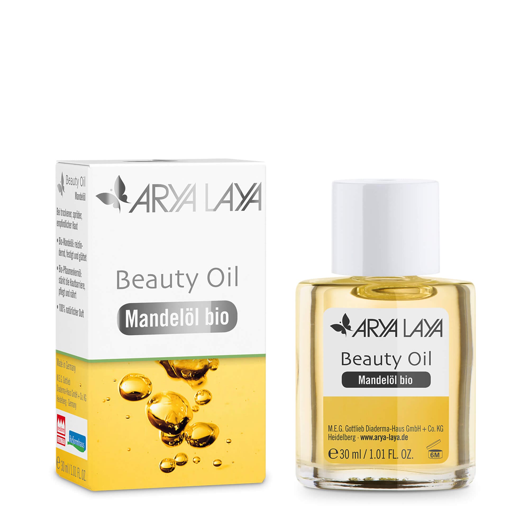 Glasfläschchen und Faltschachtel mit ARYA LAYA Beauty Oil Mandelöl bio, 30 ml 