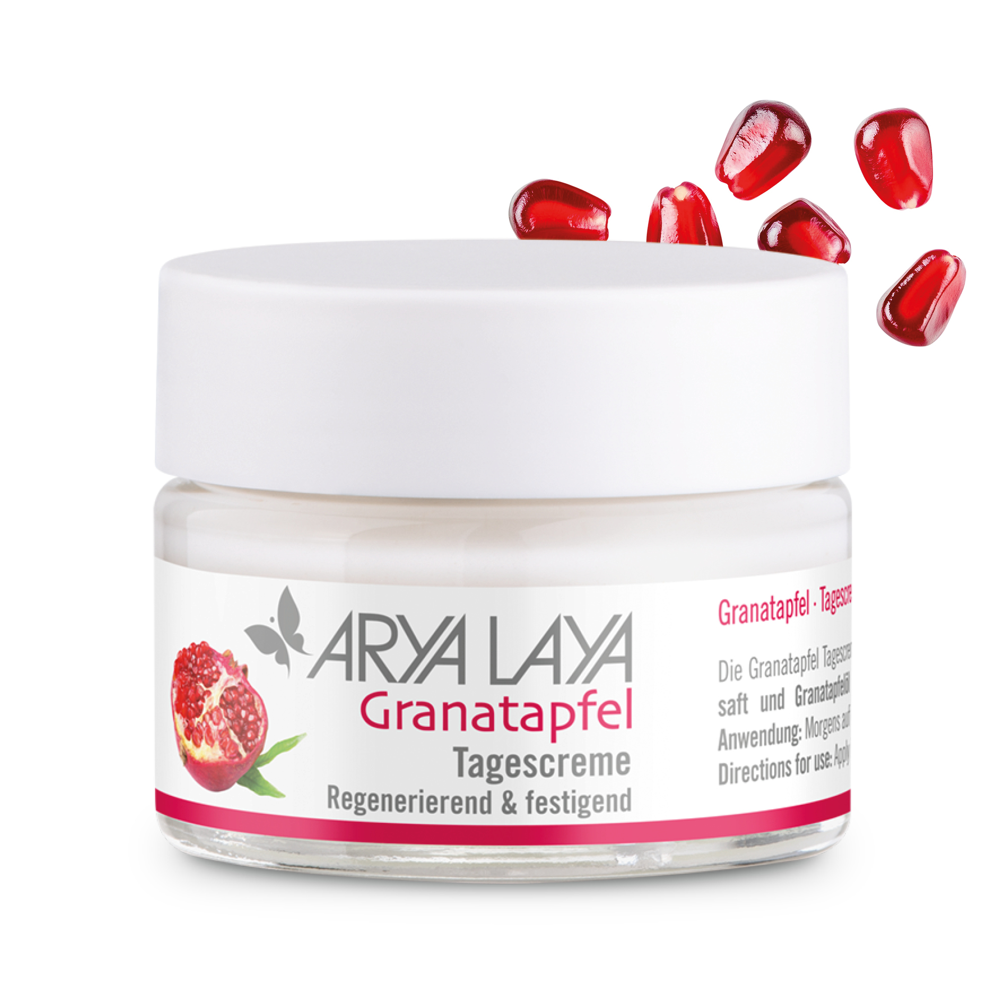 Glastiegel mit ARYA LAYA Granatapfel Tagescreme, 50 ml