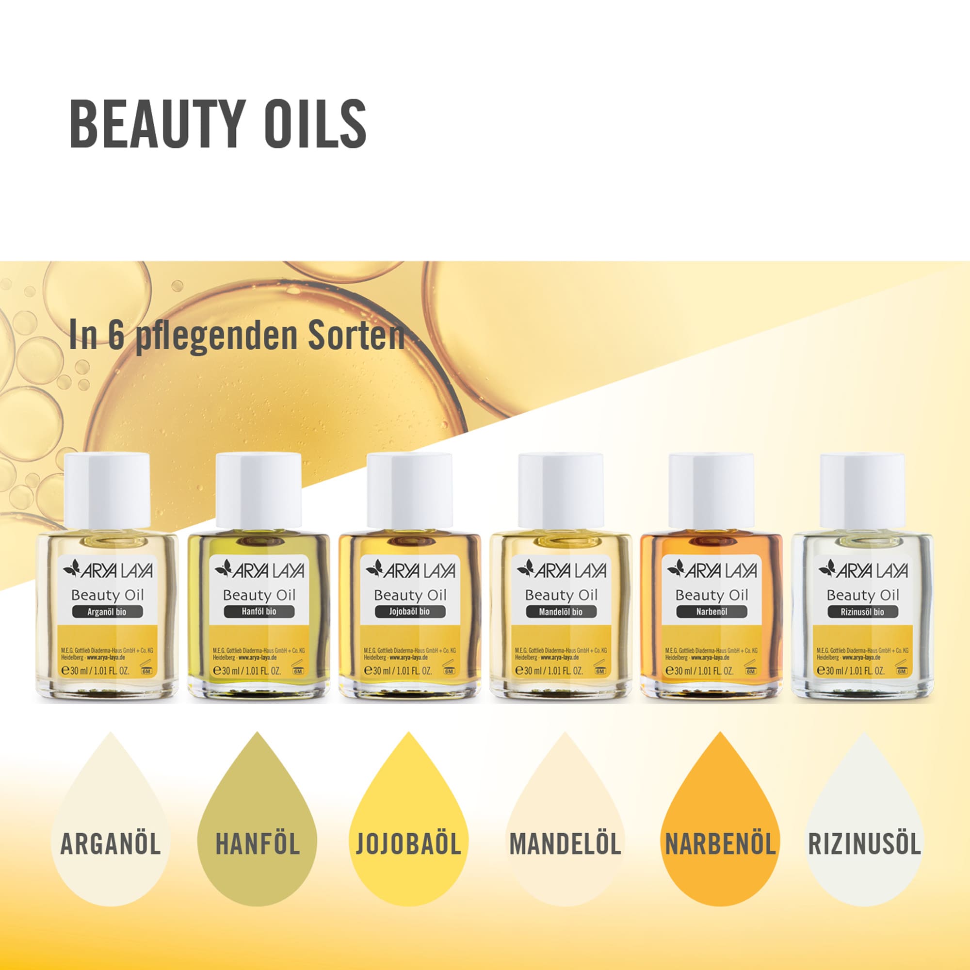 ARYA Beauty Oil in 6 verschiedenen Sorten: Argan, Rizinus, Mandel, Jojoba, Narben, Hanf