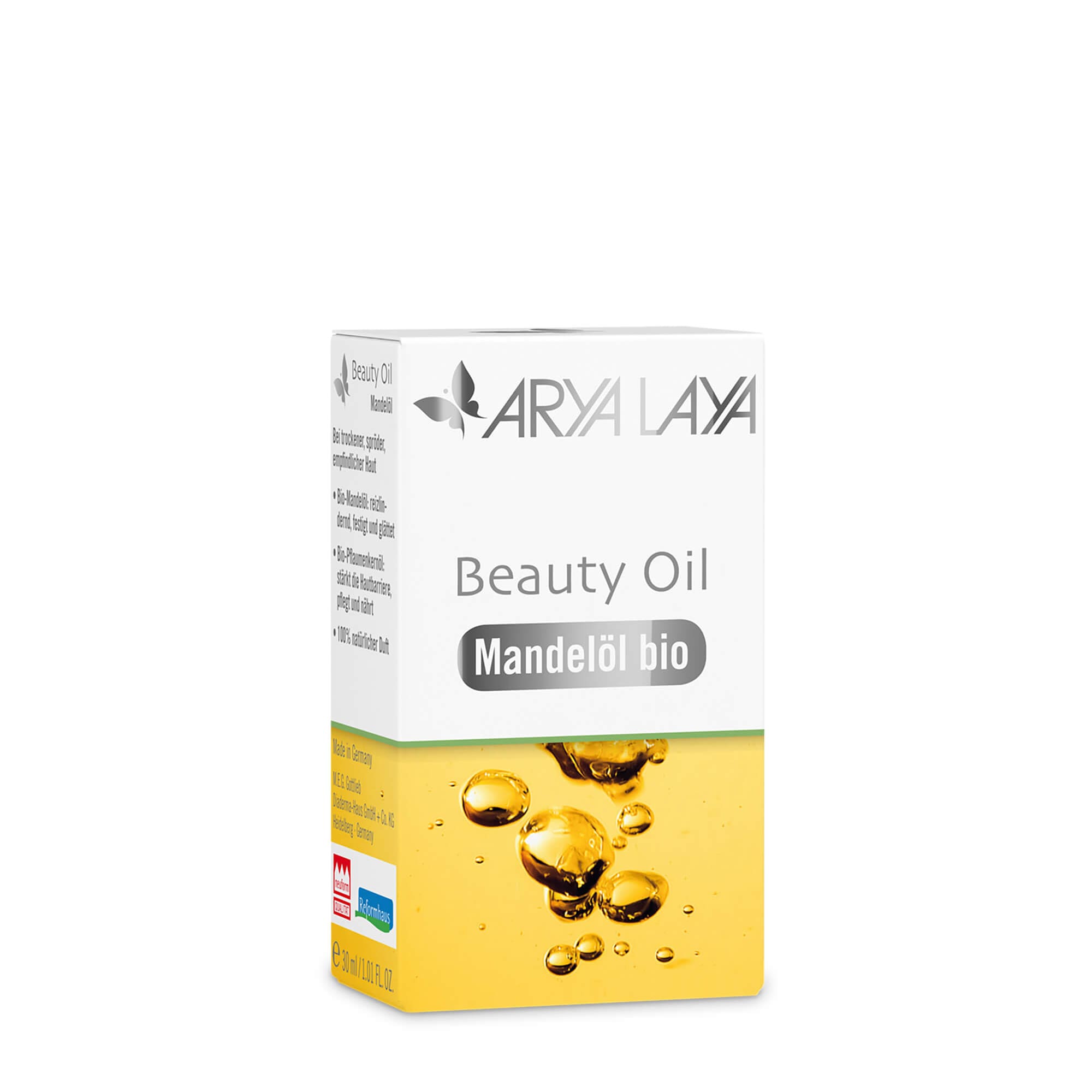 Faltschachtel mit ARYA LAYA Beauty Oil Mandelöl bio, 30 ml 