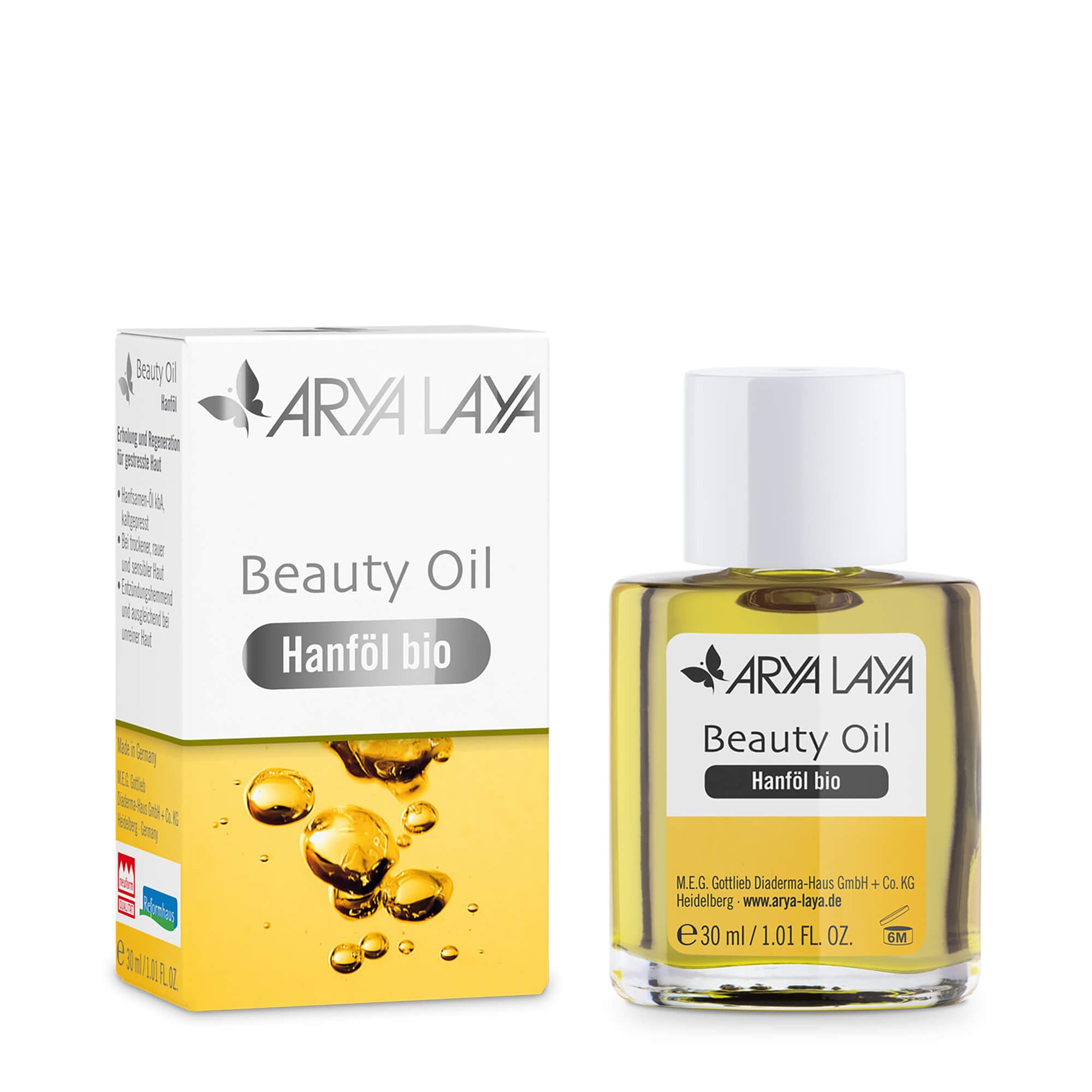 Glasfläschchen und Faltschachtel mit ARYA LAYA Beauty Oil Hanföl bio, 30 ml 