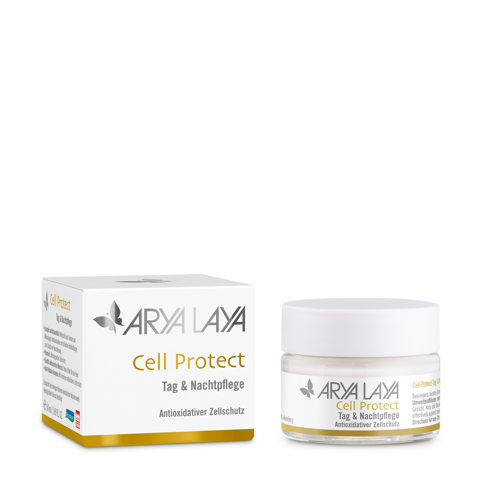 Glastiegel und Faltschachtel mit ARYA LAYA Cell Protect Tag & Nachtpflege, 50 ml