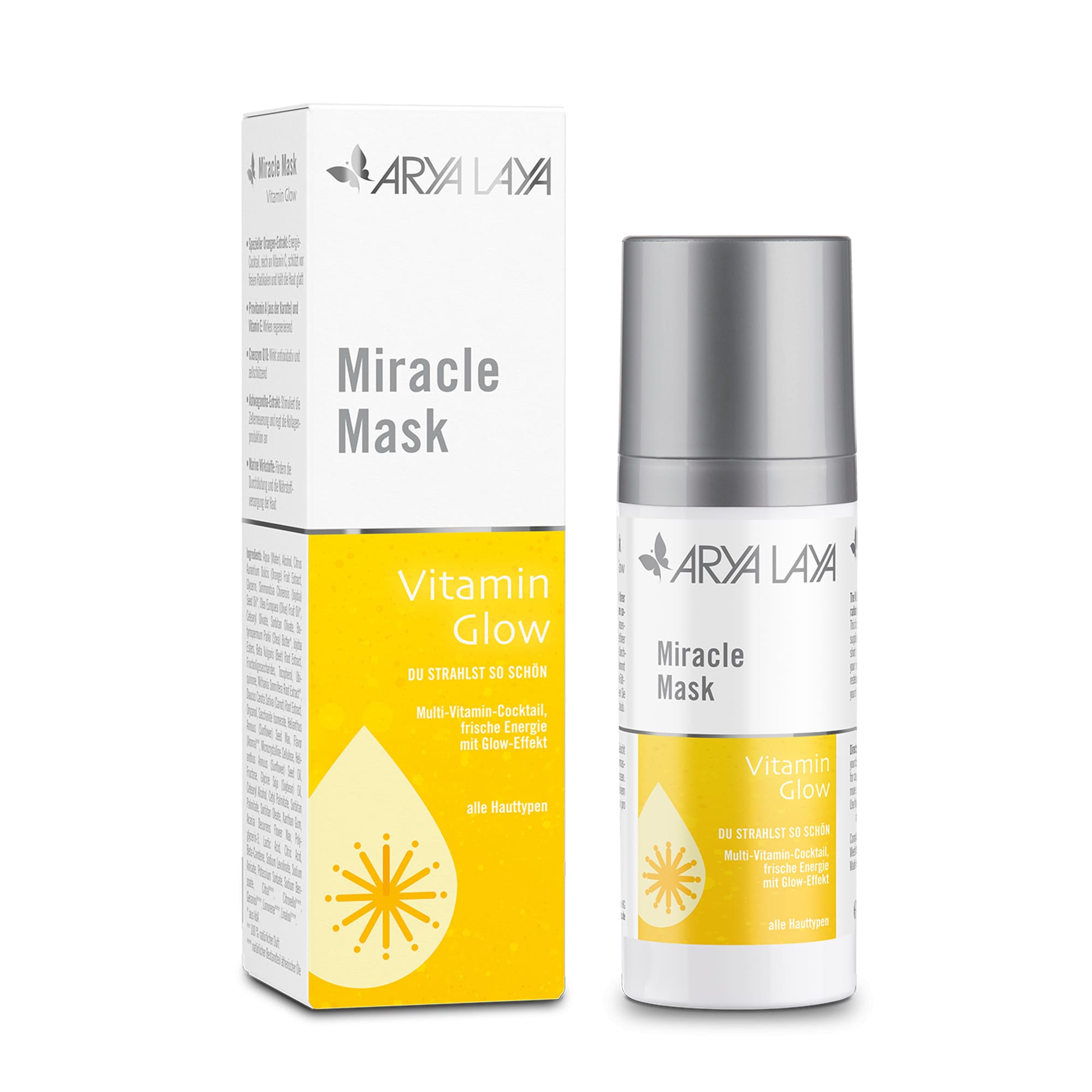Airless-Spender und Faltschachtel mit ARYA LAYA Miracle Mask Vitamin Glow, 50 ml 