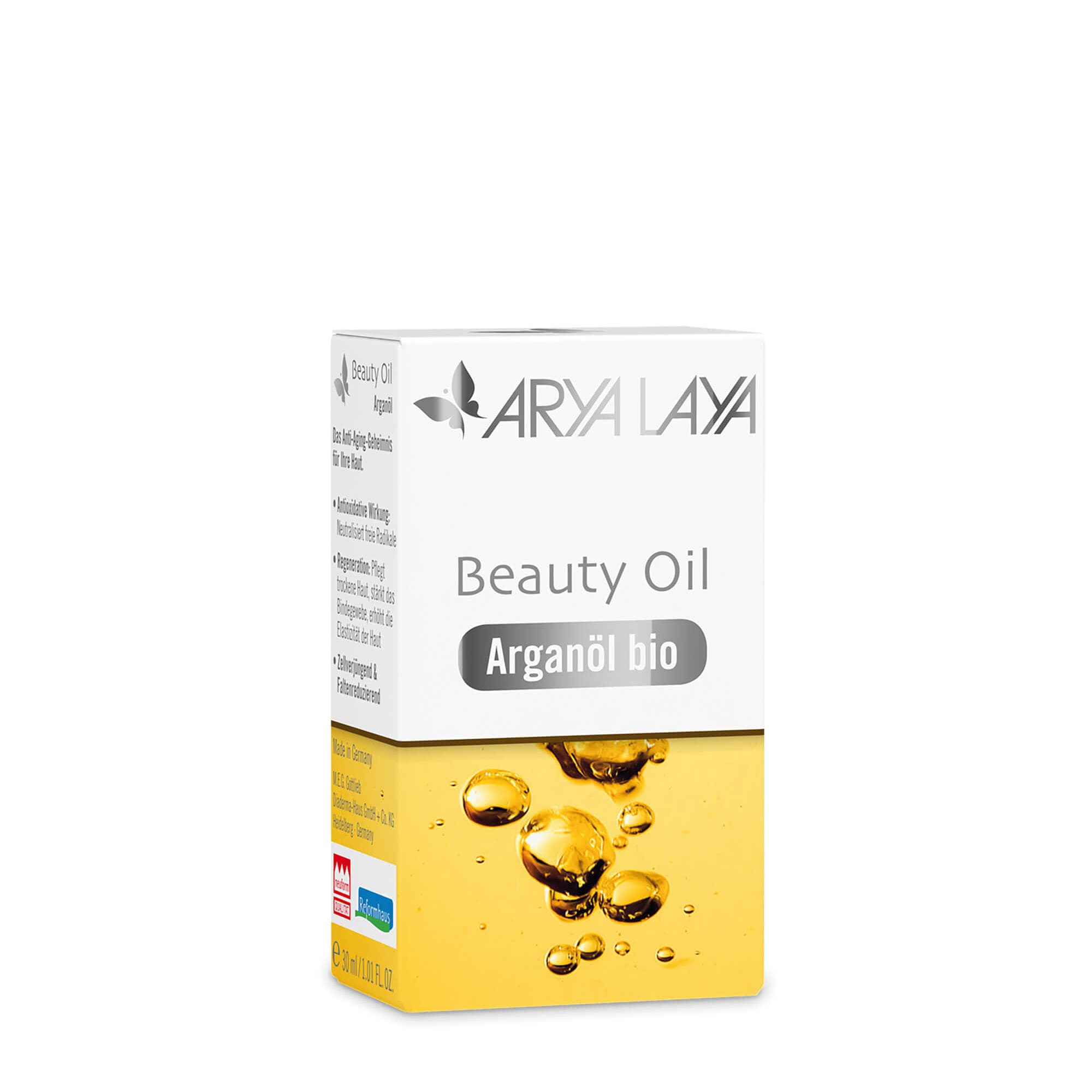 Faltschachtel mit ARYA LAYA Beauty Oil Arganöl bio, 30 ml 