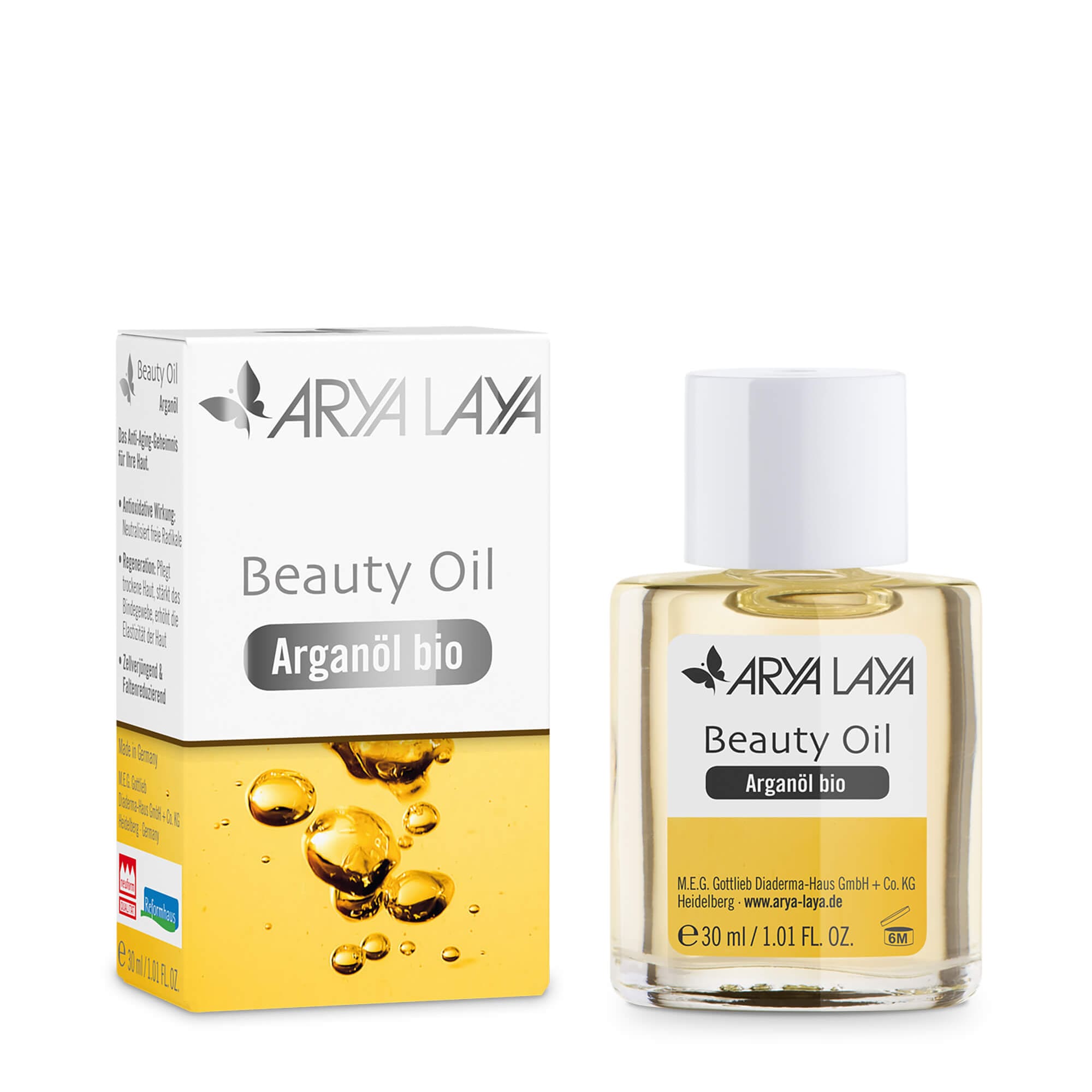 Glasfläschchen und Faltschachtel mit ARYA LAYA Beauty Oil Arganöl bio, 30 ml 