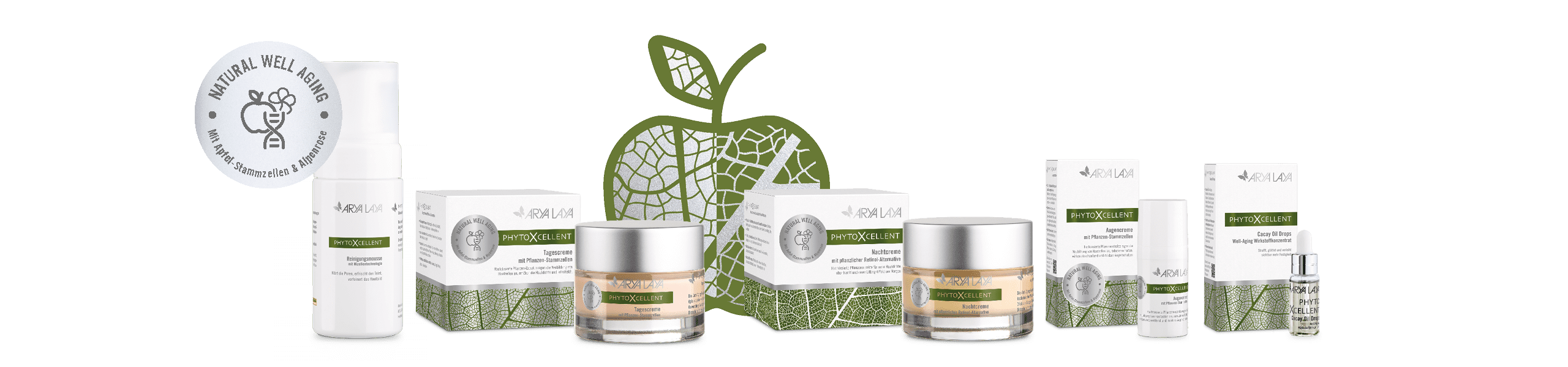 Alle Produkte der ARYA LAYA PhytoXcellent Pflegeserie stehen mit Faltschachtel vor einem als Blattstruktur dargestellten Apfel  