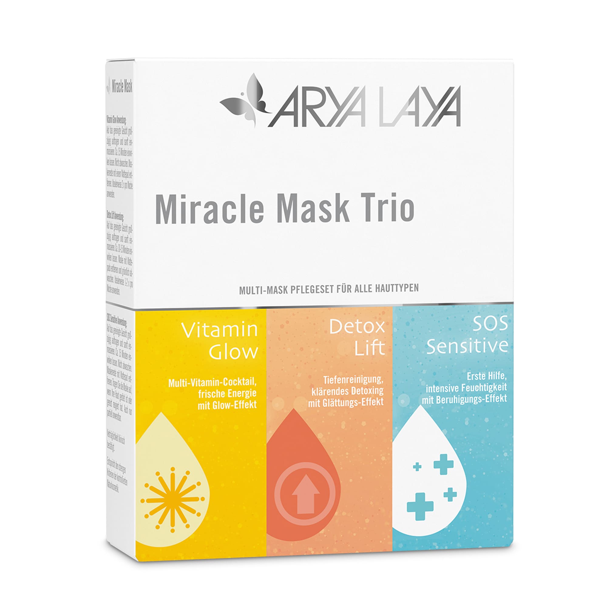 Faltschachtel mit ARYA LAYA Miracle Mask Trio, 3 x 30 ml 