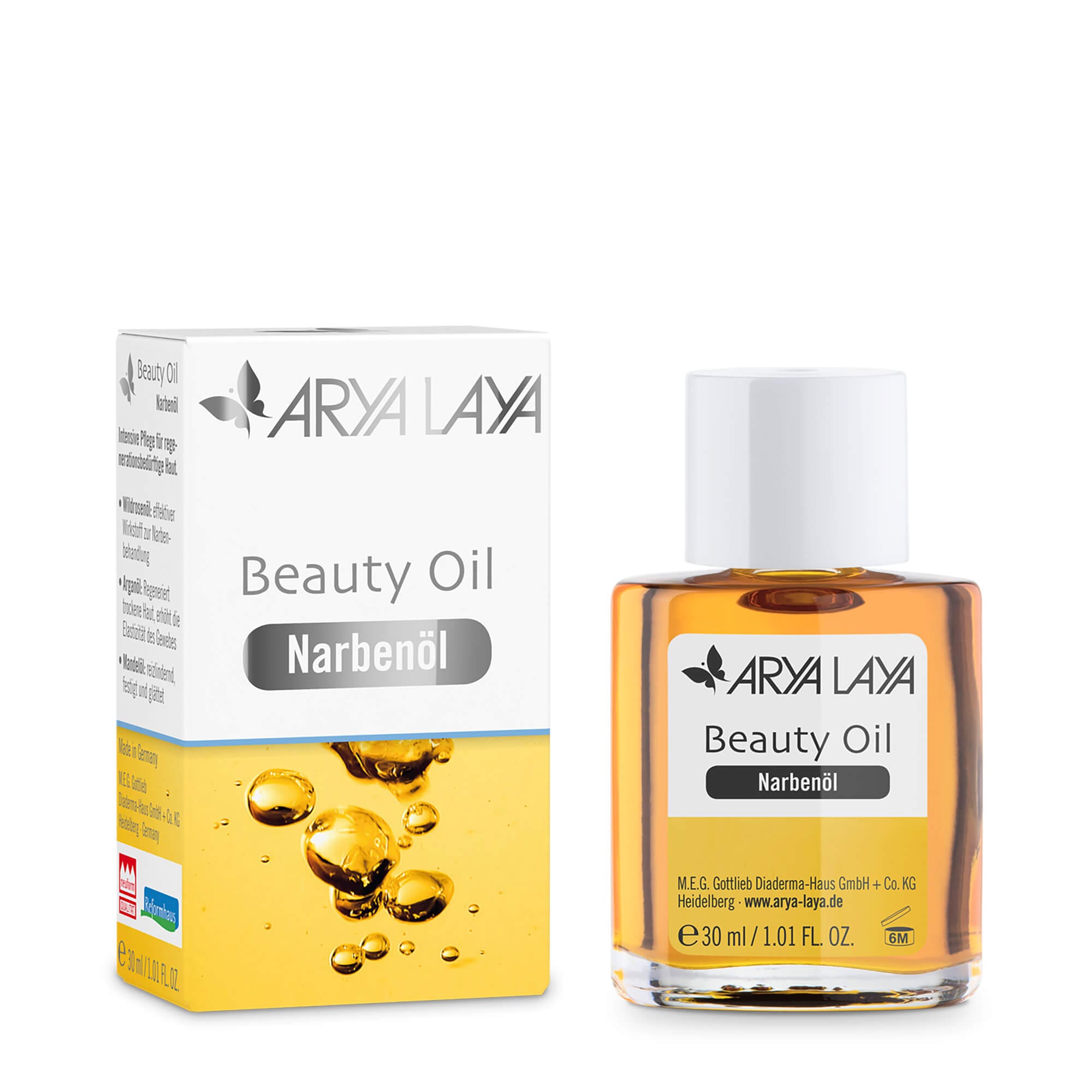 Glasfläschchen und Faltschachtel mit ARYA LAYA Beauty Oil Narbenöl, 30 ml 